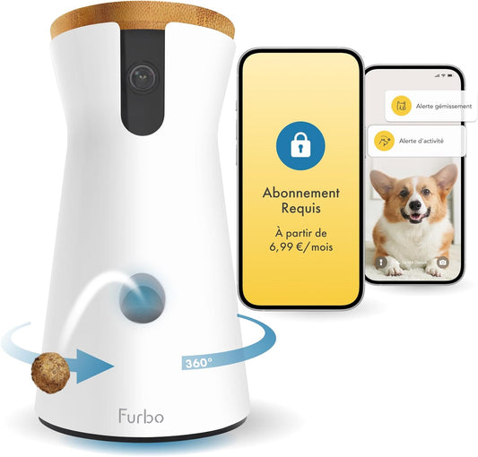 Caméra Pour Chien 360° - Pack Avec Alertes De Sécurité Maison [ABONNEMENT Premium]: Caméra HD Intelligente Avec App, Vision Nocturne, Suivi Auto, Lancer De Friandises, Alerte Aboiement Avancée